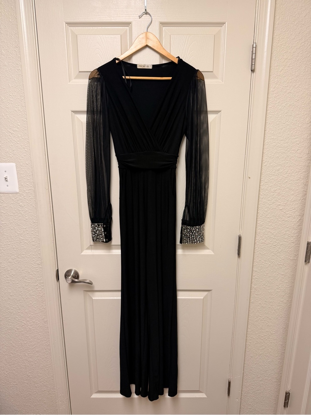 Arden B Black Sheer-Sleeve Maxi Dress with Crystal Cuff Detail